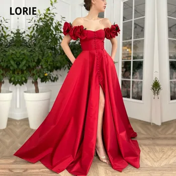 LORIE árabe Vestido de Noite Vermelho Fora do Ombro 3D feitos à mão Flores de Baile Vestido de Botões de Cetim de Casamento de Celebridades Vestidos de Festa