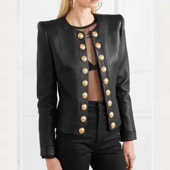 Personalizado double breasted botões de metal jaqueta de couro feminina gola redonda soft real casaco de couro natural, couro de ovelha tops F919