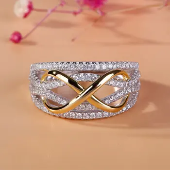 Moda das Mulheres banhado Infinito Zircão Anel de Casal Noivado Anel de Casamento de Luxo Jóias Anéis para as Mulheres, Presente de Aniversário