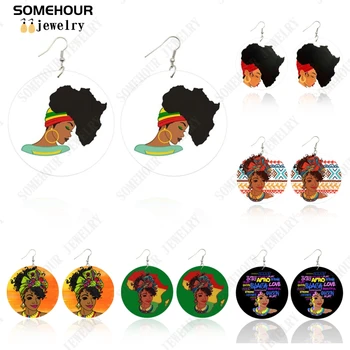 SOMEHOUR Amor Afro Preto Quuen de Madeira Brincos Para Mulheres Mapa de África Natural Curly Hair Design Impresso Loops Oscila Jóias