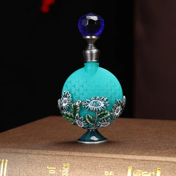 7ml Fantasia Azul Girassol Vazio Reutilizável Garrafa de Vidro de Perfume Retrô Fosco Mão Esmaltado E Jóias de Metal Fragrância Recipiente