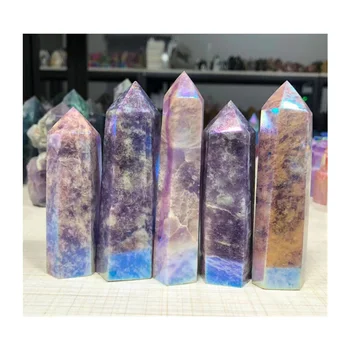 Preço de atacado anjo aura roxa lepidolite torres varinha ponto para a cura de decoração de cristal