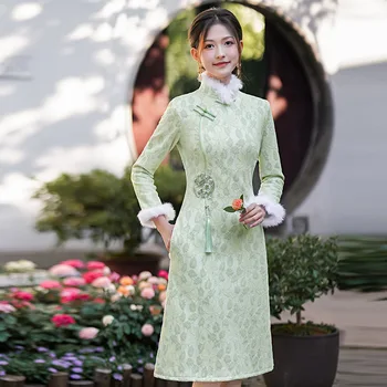 2022 Inverno Nova Renda Plus Size Veludo Engrossado Slim Gola de Pele de Menina Cheongsam Doce Elegante Chinês Qipao Saia de Vestido para as Mulheres