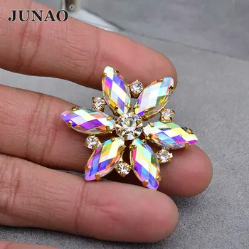 JUNAO 2pcs 36mm Big Crystal AB Flor Strass Costurar Em Vidro, Apliques de Strass Ouro Garra Pedras de Cristal para Sapatas de Vestido de Artesanato