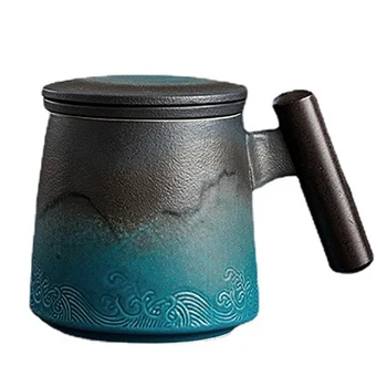 Caneca de cerâmica Xícara de Chá Vintage Café pequeno-Almoço Copos e Canecas com Infusor Tampa do Copo de Água Filtro Punho de Madeira Presentes Personalizados