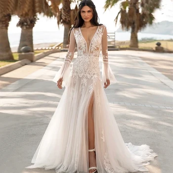 SONHO Boho Longo Flare Mangas de Vestidos de Casamento do Laço 2022 Lado da Praia Fenda do Vestido de Noiva com Decote em V Boêmio de Vestidos De Noiva