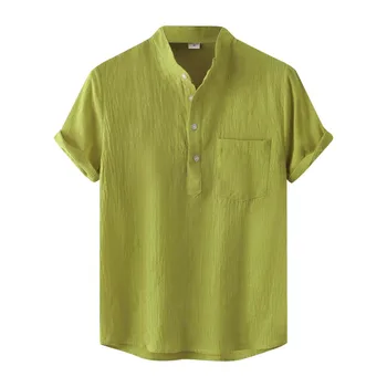 Camisas verdes Homens Verão de Manga Curta Respirável Homens Largas e Camisas Casuais Ajuste Fino de Algodão, de Linho, Camisas de Mens Pulôver Tops Blusa
