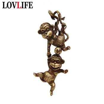 Cobre Antigo Macaco Figuras Chaveiro Pingente Da Sorte Gato Anel De Chave Cortinas De Jóias Vintage Bronze Bonito Animal Engraçado Criança Presentes