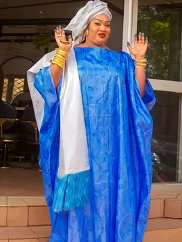Original Bazin Riche Vestido Longo Branco Com Xale E Lenço De Tamanho Grande Se Dashiki, Vestidos De Túnica Para As Mulheres Africanas Festa Vestido De Roupa