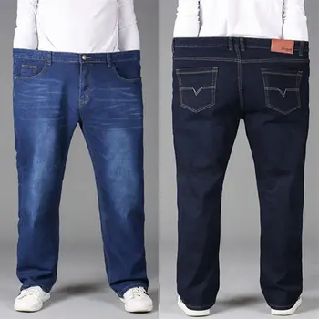 Verão Fino Extra Grande Jeans para Homens Jeans Solta Reta de Cintura Alta Stretch Jeans Folgada com o Homem Gordo Calças Plus Size Mens Calças