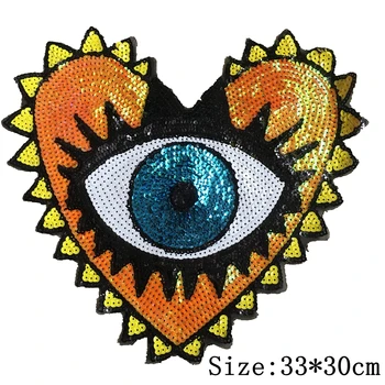 Grande Olho Lantejoulas Patches Forma de Coração globo Ocular Frisado Manchas de Roupas, 33*30cm Costurar Vintage Apliques de Lantejoulas Patch 3 Cores