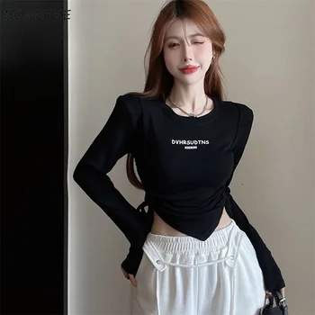 Long Sleeve T-shirts Mulheres Estilo coreano Carta Shirring Ins Chique Crop Tops Outono Y2k Roupas Simples e Casual Slim Moda Elegante