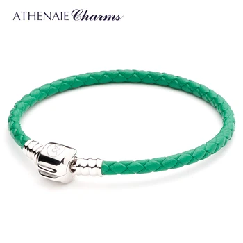 ATHENAIE Verde Único de Couro Trançado Prata 925 Esterlina, Bracelete do Encanto do Ajuste Encantos Contas para as Mulheres