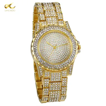 Lancardo Homens Relógios de alto Luxo da Marca de Aço Cheia de Strass Dourado Quartzo relógio de Pulso Relógio de diamantes Montres de Marca de Luxe