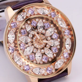 Luxo Melissa Lady Mulheres Relógio de Quartzo de Japão do cristal de Cristal de Moda Horas de Couro Relógio Bling Menina de Presente de Aniversário de Caixa
