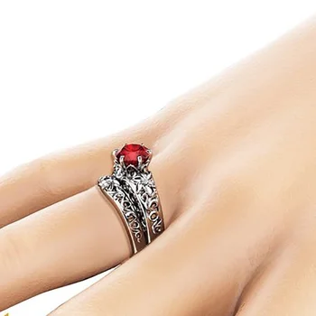 2psc Vermelho clássico de Noivado de Diamante Presente de Aniversário de Casamento Conjunto de Anel de Tamanho 6-10