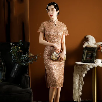 2023 Moda Rendas Frisado Sexy-de-Rosa Cheongsam Melhorado Slim Fit Nádega Banquetes de Estilo Chinês, Qipao Vestido de Noite para Mulheres do Partido