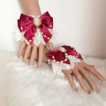 Sweet Lolita Rendas nos Punhos Bonito Braceletes de Mão-de desgaste com Cetim Arco