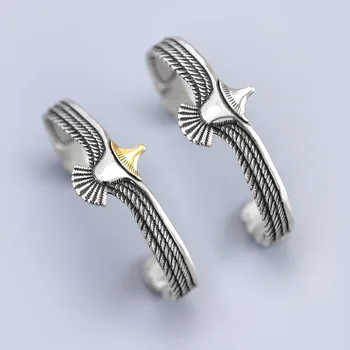925 de Prata Vintage Águia Bracelete Personalizado, Criativo, de Estilo Antigo, Homens e Mulheres Dominante de Penas de gavião Abrir Pulseira
