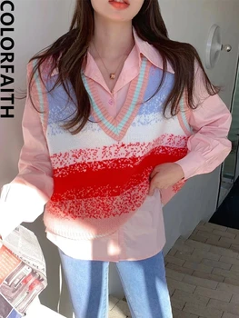 Colorfaith Novo 2022 coreano Moda Colete de Malha de Mulheres de Outono Inverno Vintage V-Pescoço arco-íris Camisolas Coletes, Tops SWV3483JX