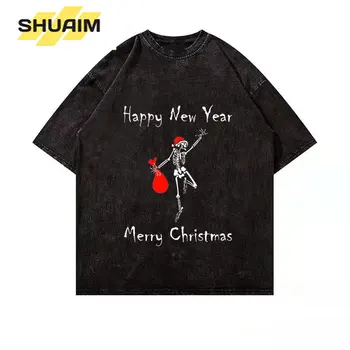 Homens Hip Hop E Streetwear Lavado T-Shirt Harajuku Crânio Feliz Natal Impresso T-Shirt De Verão De Manga Curta Camiseta De Algodão Tops Tees