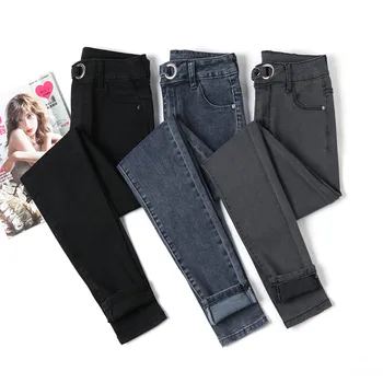 calças de brim das Mulheres de Cintura Alta Botão de Comprimento Total Feminino Jeans Skinny Lápis, Calça Azul Preto Cinza