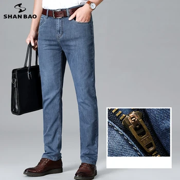 SHAN BAO Primavera-Verão da Marca Fit Straight Algodão Elástico Fino Jeans Clássico Business Casual Juventude Slim Leve Jeans