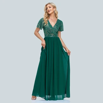 2022 Mulheres Novos Verde Vestidos de Noite Elegante V-Pescoço Chiffon Lantejoulas Vestido Formal Manto de Vestidos De festa Vestido Para Festa de Casamento