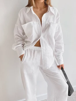 Linad Branco Pijamas Para Mulheres De Algodão De Manga Longa 2 Conjuntos De Peças De Pijamas Feminino Casual Terninhos Sólido 2022 Outono Sleepwear