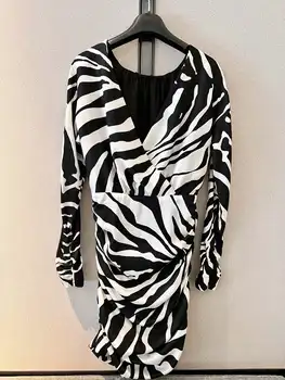 22 de outono e inverno pura seda preto-e-branco vestido de zebra