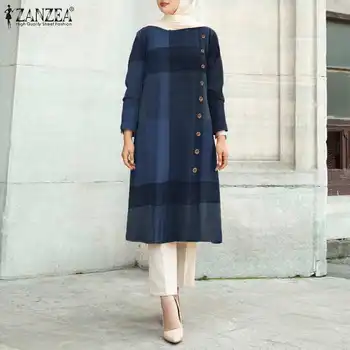 Vintage Xadrez Verificado Abaya Hijab Muçulmano Blusa ZANZEA Mulheres Dubai, Turquia Longa Camisa Casual Manga Longa, Blusas Soltas Túnica Tops