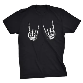 Esqueleto de Metal Dedos Homens Assustador de Halloween Engraçado Camisa Preta do Rock and Roll Ossos de Manga Curta 100% Algodão Superior Tee y2k Unisex