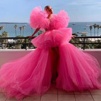 2022 Outono Quente-de-Rosa para Mulheres Multi-camadas de Malha Vestido de Noite Ocos Vestido de baile