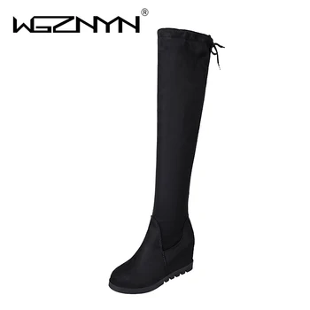 WGZNYN 2022 Stretch Sobre O Joelho Botas de Aumento da Altura do Dedo do pé Redondo Calçados femininos Outono Inverno Casual Longas Botas 3371