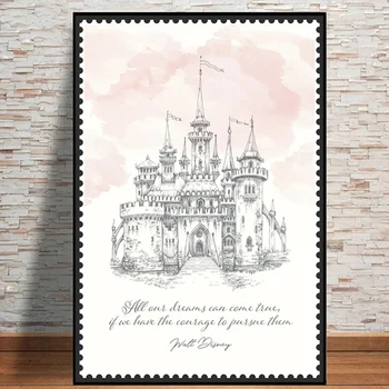 Esboço Disney Castle Carimbo De Cartazes E Estampas Para A Sala De Desenho Animado De Walt Disney Citações Tela De Pintura, Arte De Parede Decoração Da Casa