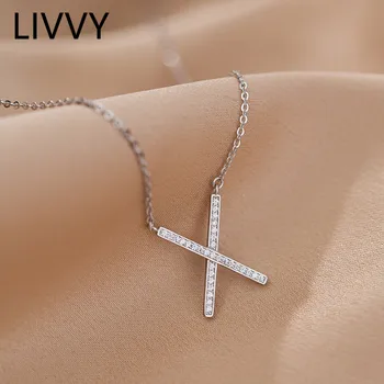LIVVY Cor de Prata na Moda Criativo Cruz Geométricas Zircão Colar Pingente Feminino Simples Clavícula Cadeia de Presente Elegante