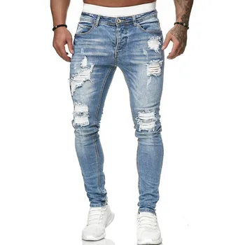 Plus Size Homens Buracos do Denim, Calças de Moda Botão Ripped Jeans Calças Casuais Outono Verão Lápis Calças Skinny para os Homens S-3XL