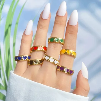 Clássico Abrir Liga de Ouro Anéis Coloridos do Coração do Esmalte Anéis para Mulheres Meninas Populares de Óleo Pingando Coração Anéis de Dedo Jóia Quente
