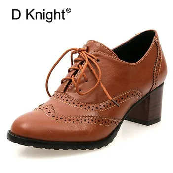 Novo Plus Size 34-43 Grosso Calcanhar Salto Alto Sapatos Oxford Para Mulheres Moda Vintage Estilo Britânico Lace Mulheres Bombas De Sapatos De Mulher