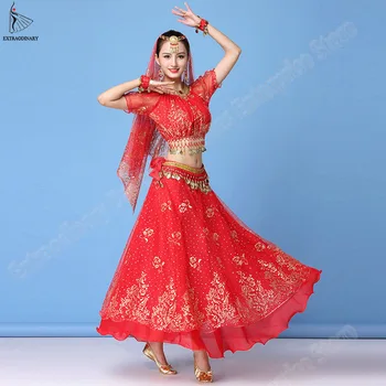 Bollywood Vestido De Traje Mulheres Conjunto De Dança Indiana Sari Dança Do Ventre Roupa De Desempenho Roupas Chiffon Top+Cinto+Saia