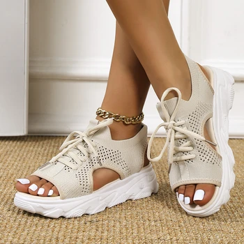 Verão as Mulheres Sandálias de Malha Calçados Casuais Branco Grosso com solado de Lace-Up Sandalias de Dedo do pé Aberto Sapatos de Praia para Mulheres Zapatos Mujer