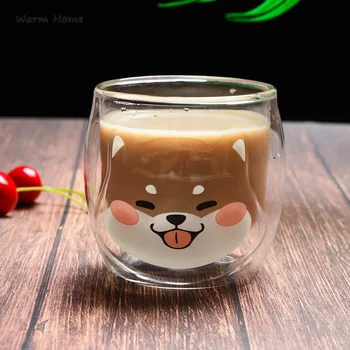 Caneca de café 200ML coreano Bonito Shiba Inu Canecas de Vidro Duplo pequeno-Almoço Leite Copo Criativo Animal Suco Xícara de Café Senhora Frete Grátis