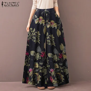 2022 Mulheres Calças de Mola Vintage Floral Impresso de Perna Larga Calças S - ZANZEA Casual Cintura Alta Solta Longo Pantalon
