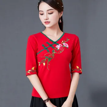 Cheongsam Mulheres Plus Size Tops 2022 Moda Outono Mistura de Algodão Bordado Chinês Tradicional Estilo Retro Qipao Camisas de Mulher
