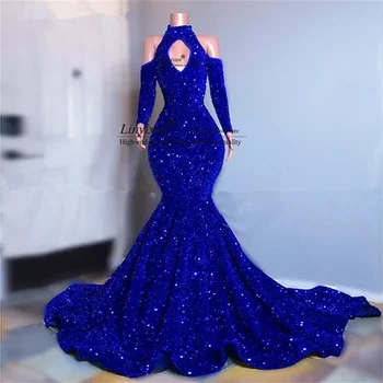 Sexy Azul Royal Sereia Vestidos De Baile Com Lantejoulas Elegantes Mangas Compridas Formal Vestidos De Noite 2022 Off Ombro Robe De Sarau