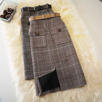 Outono/inverno xadrez de alta saia de cintura mulheres novo estilo coreano de lã bolso estilo de metade do comprimento