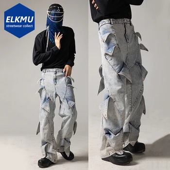 O Designer de Jeans com Retalhos de grandes dimensões Streetwear Azul Denim, Calças de Homens a Moda de Harajuku Hip Hop Calças Jeans
