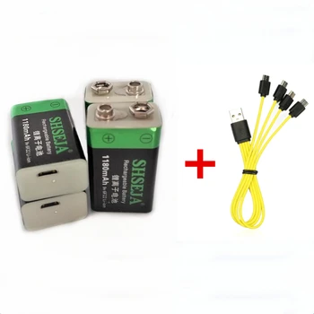 2/4pcs SHSEJA 1180mAh 9V recarregável bateria 6F22 USB bateria de lítio-íon com o cabo Micro USB para carregamento rápido