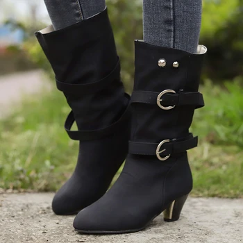 2022 Novas Mulheres de Outono Inverno Meados de Bezerro Botas da Moda Retro Pontiagudo Dedo do pé Quente Calçados femininos de Salto Alto Botas Longas Botas De Mulher