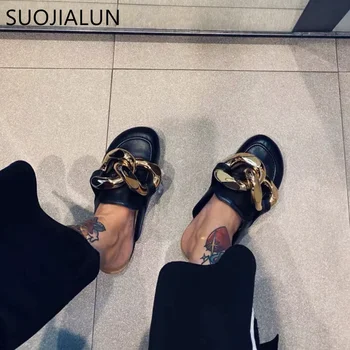 SUOJIALUN Novo Design da Marca Corrente de Ouro Mulheres Chinelo de Dedo Fechado Deslizar Sobre Mulas Sapatos Rodada Toe de Salto Baixo Casual Slides Flip Flop